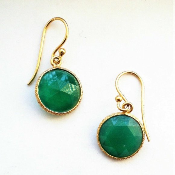 Designer Gilded Sterling Silver 925 12MM Faceted Green Onyx Dangle Earrings